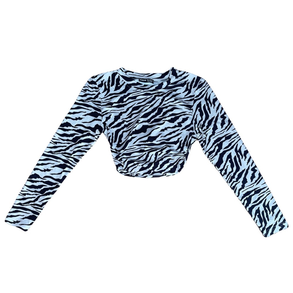 Black and White Euphoria Y2K 2000s Zebra Print Cropped Backless Long Sleeve Top - Picture 2 of 12